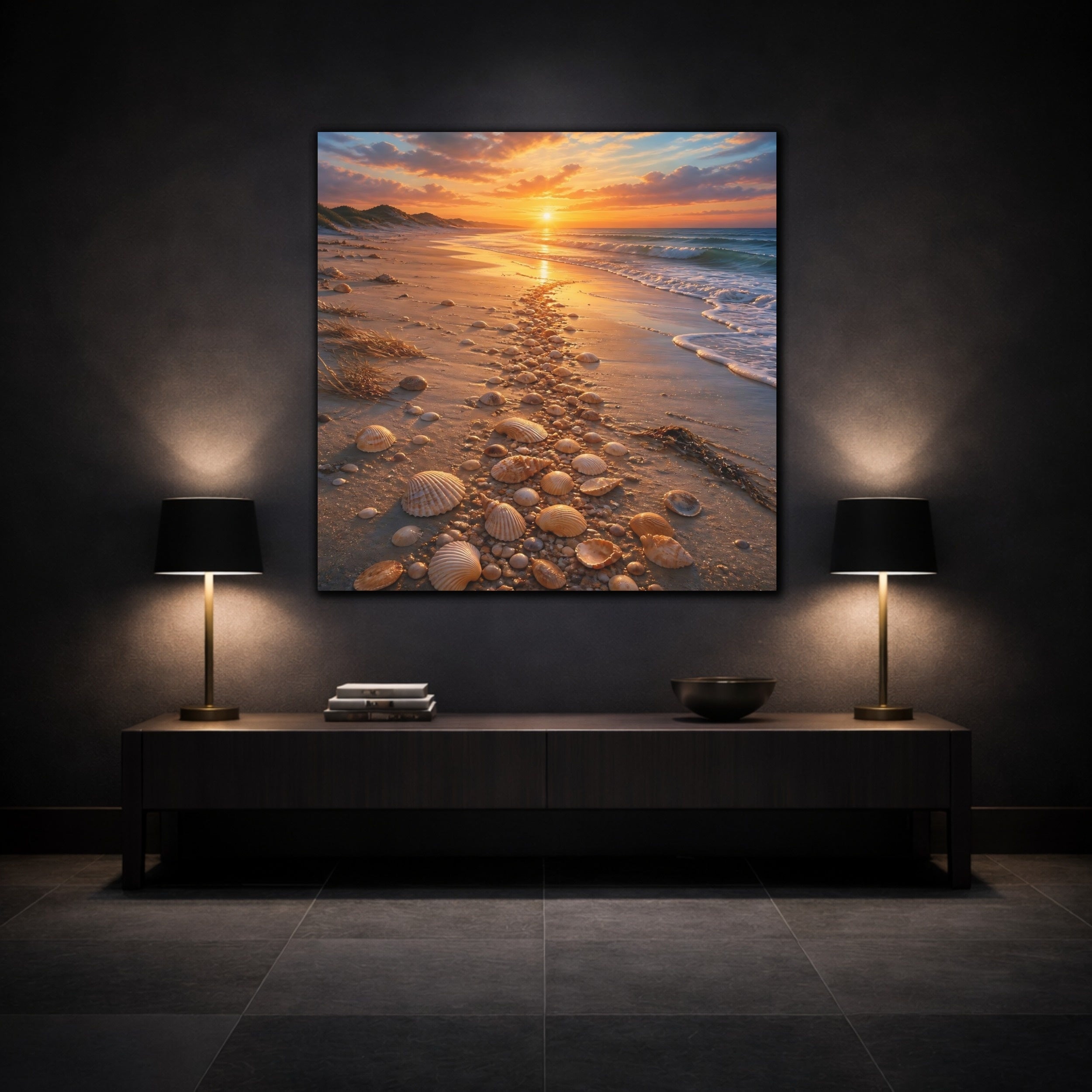 Mockup 3. Nature Seashell Path Orange Blue Sunset shown as stretched canvas wall art