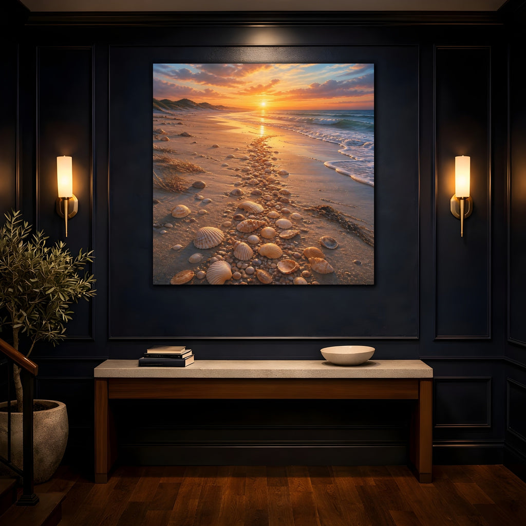 Mockup 4. Nature Seashell Path Orange Blue Sunset shown as stretched canvas wall art