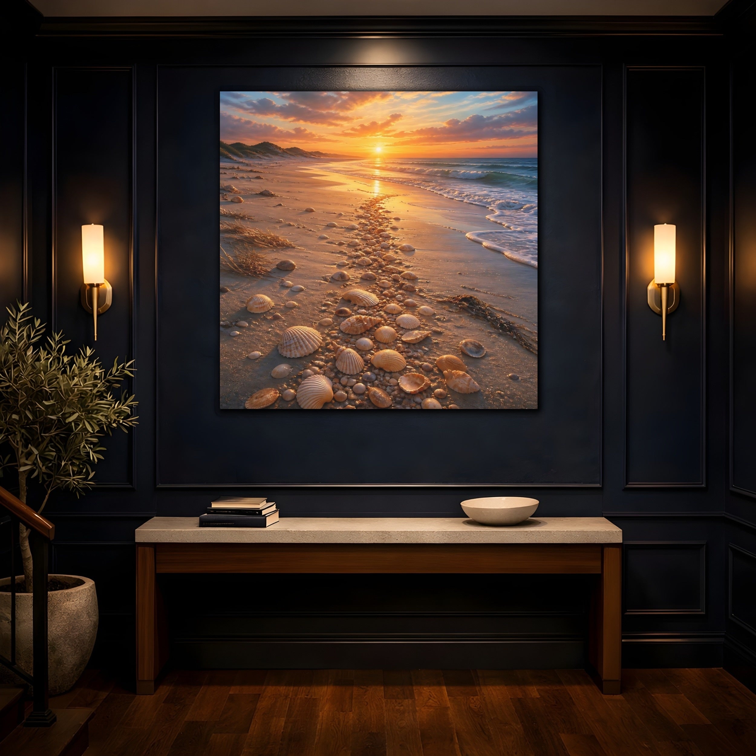 Mockup 4. Nature Seashell Path Orange Blue Sunset shown as stretched canvas wall art