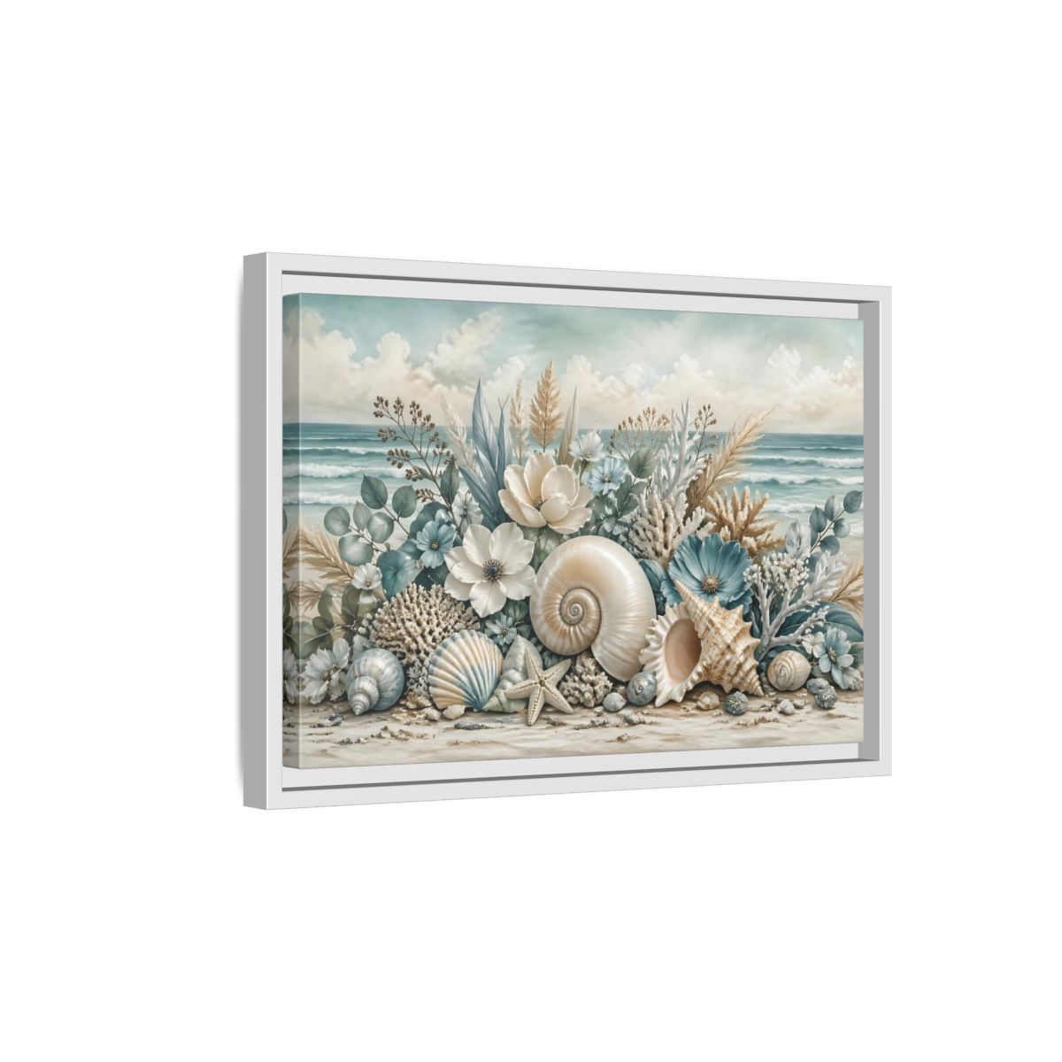 Side Mockup 4. Nature Seashells Floral Coastal Seashells shown as stretched canvas wall art