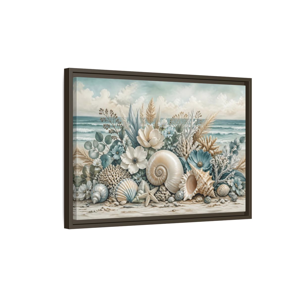 Side Mockup 2. Nature Seashells Floral Coastal Seashells shown as stretched canvas wall art