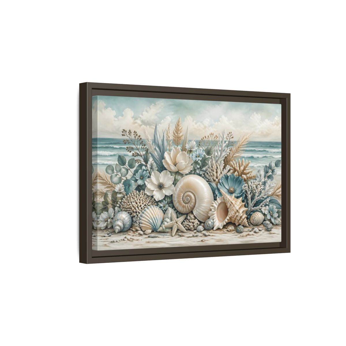 Side Mockup 5. Nature Seashells Floral Coastal Seashells shown as stretched canvas wall art