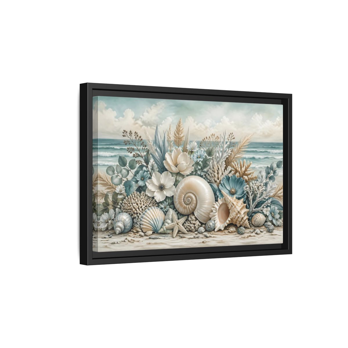 Side Mockup 6. Nature Seashells Floral Coastal Seashells shown as stretched canvas wall art