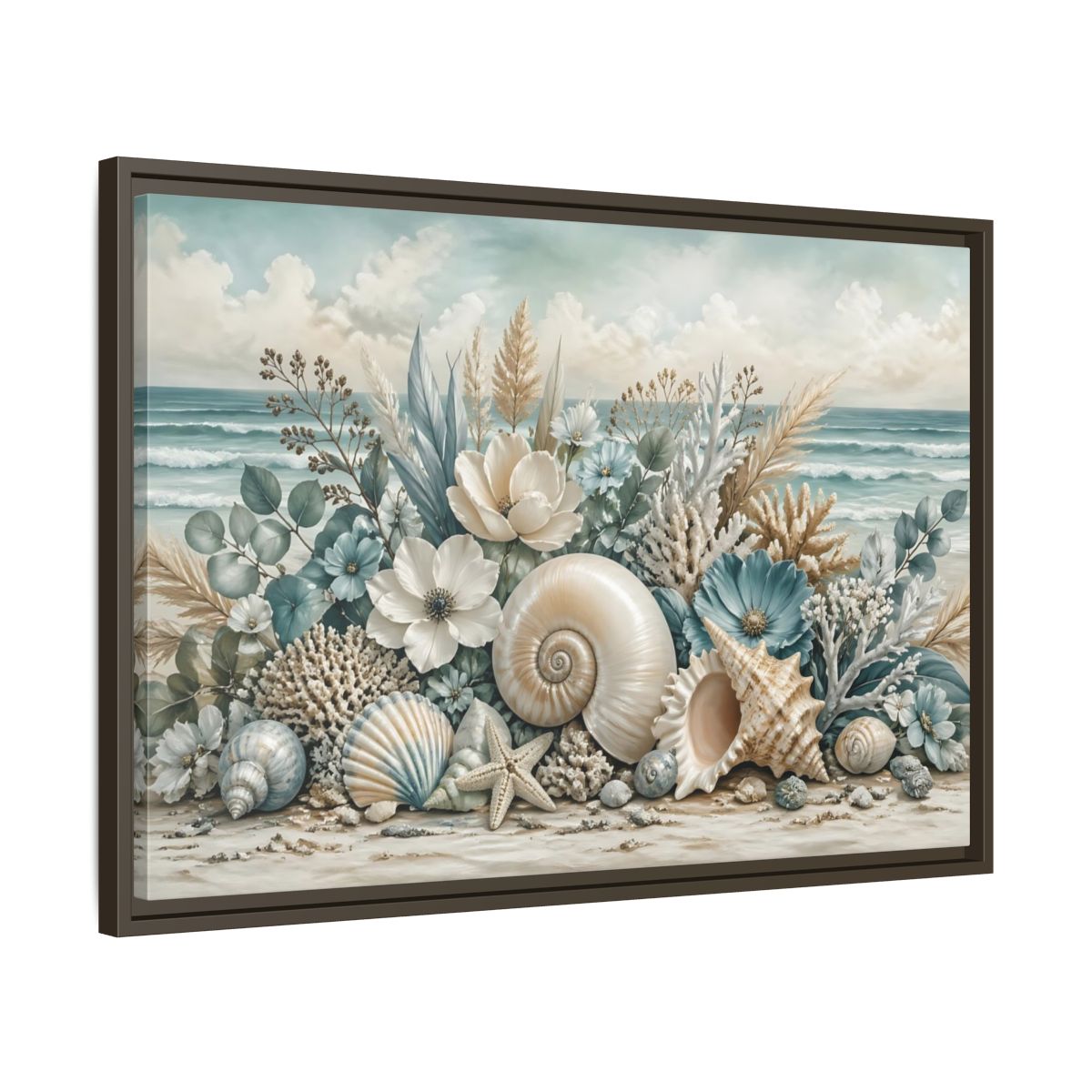 Side Mockup 11. Nature Seashells Floral Coastal Seashells shown as stretched canvas wall art