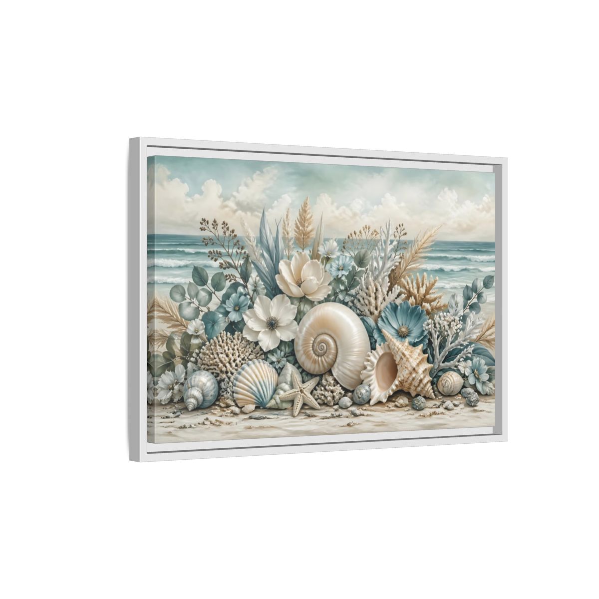 Side Mockup 1. Nature Seashells Floral Coastal Seashells shown as stretched canvas wall art