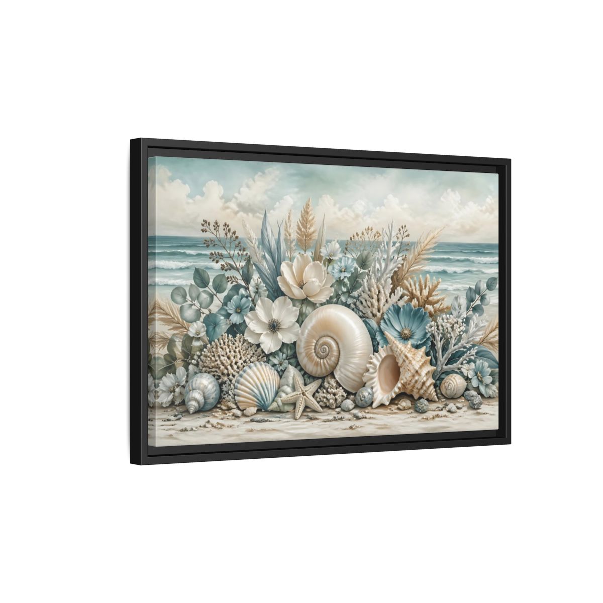 Side Mockup 3. Nature Seashells Floral Coastal Seashells shown as stretched canvas wall art