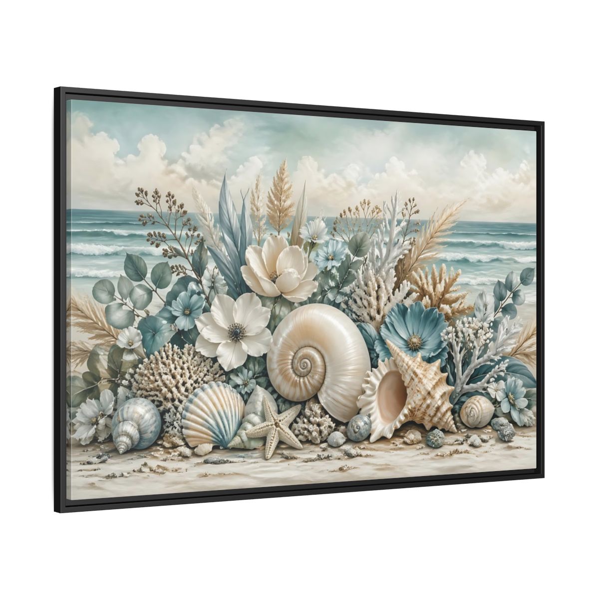 Side Mockup 12. Nature Seashells Floral Coastal Seashells shown as stretched canvas wall art