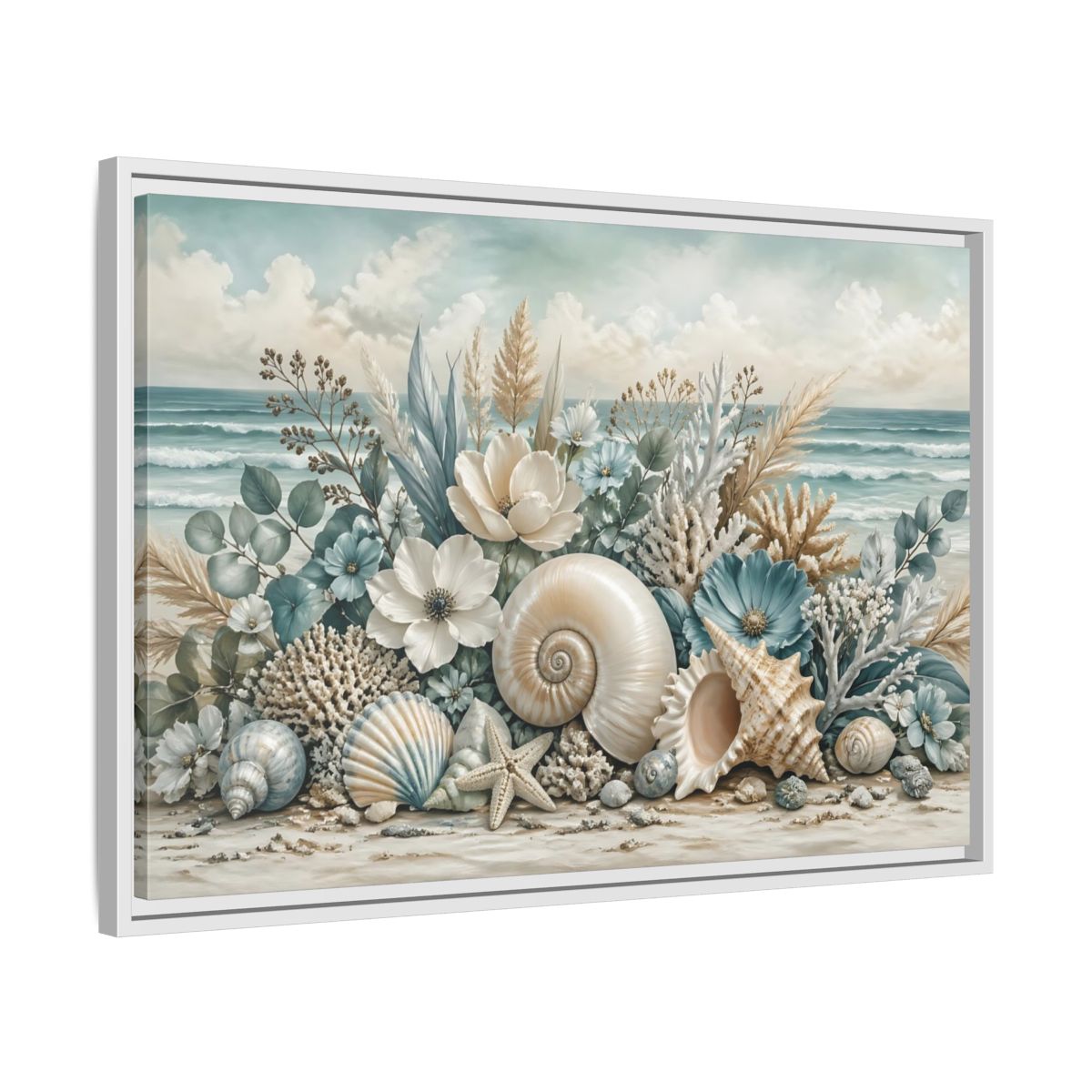 Side Mockup 10. Nature Seashells Floral Coastal Seashells shown as stretched canvas wall art