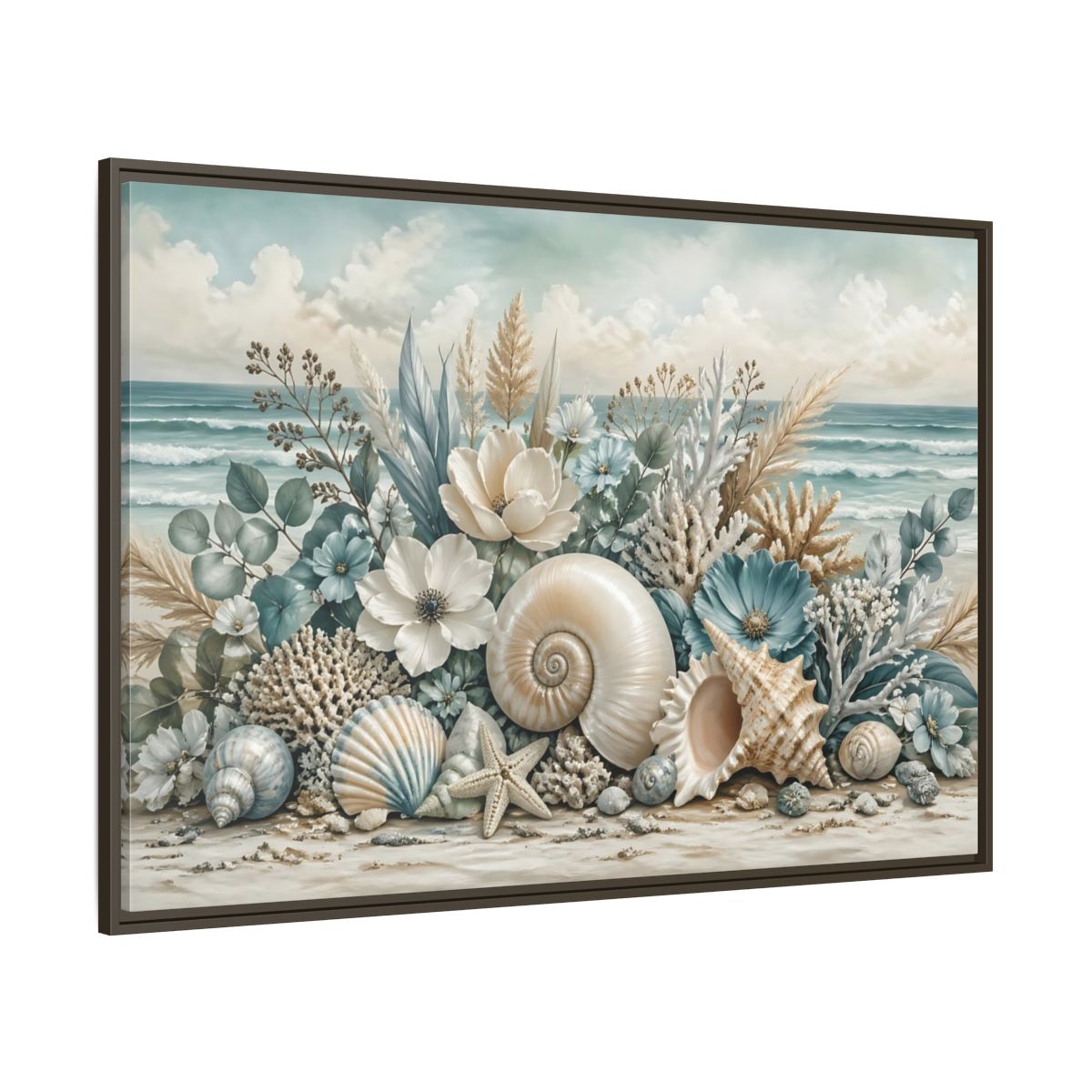 Side Mockup 8. Nature Seashells Floral Coastal Seashells shown as stretched canvas wall art