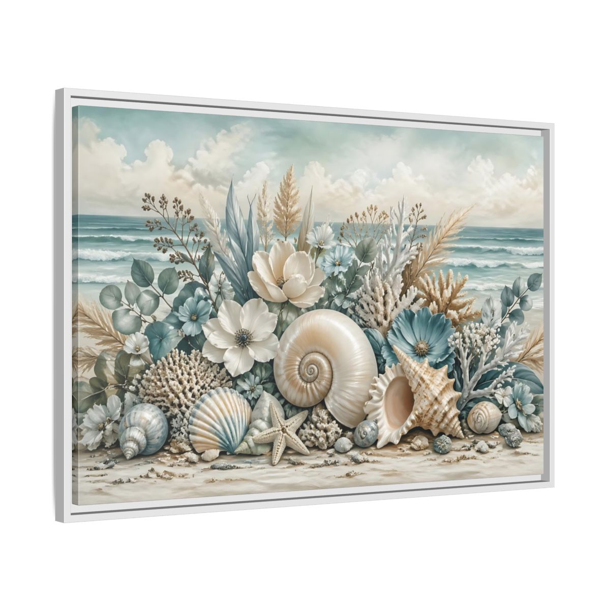 Side Mockup 9. Nature Seashells Floral Coastal Seashells shown as stretched canvas wall art
