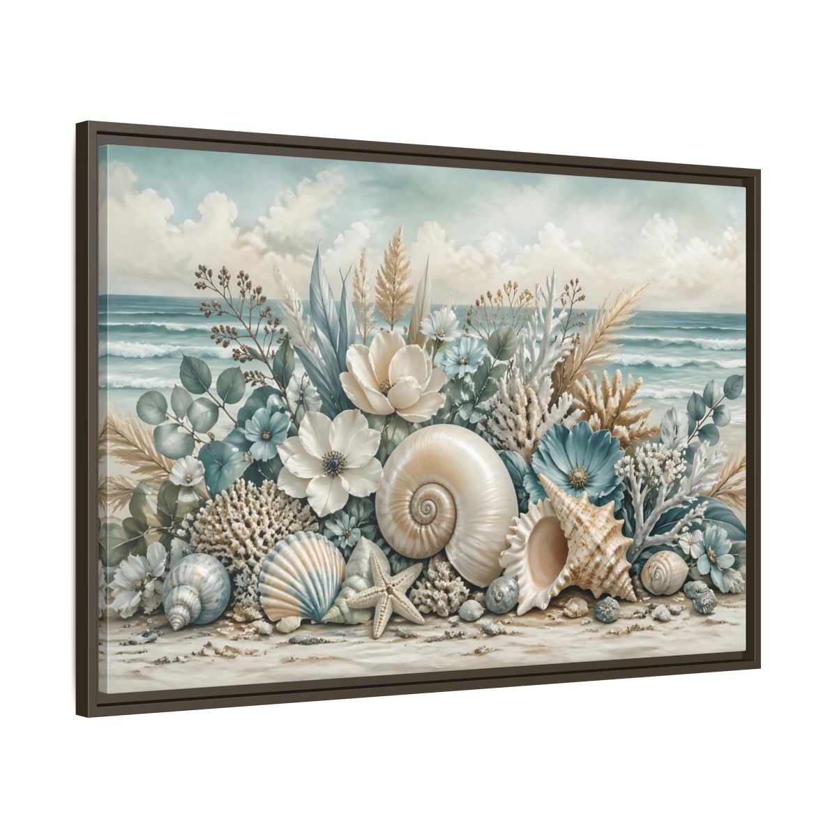 Main Mockup. Nature Seashells Floral Coastal Seashells shown as stretched canvas wall art