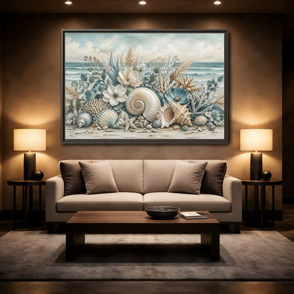 Mockup 2. Nature Seashells Floral Coastal Seashells shown as stretched canvas wall art