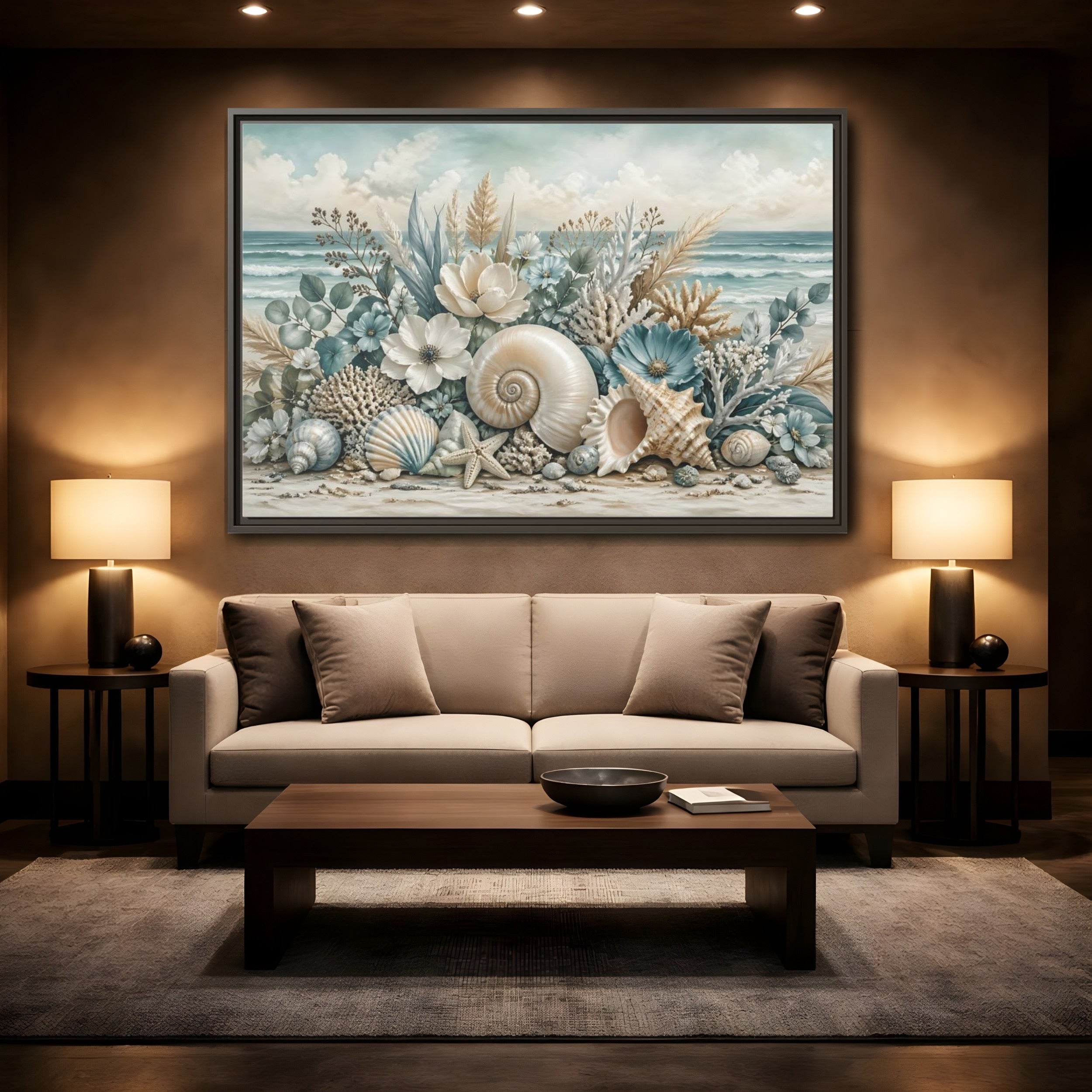 Mockup 2. Nature Seashells Floral Coastal Seashells shown as stretched canvas wall art