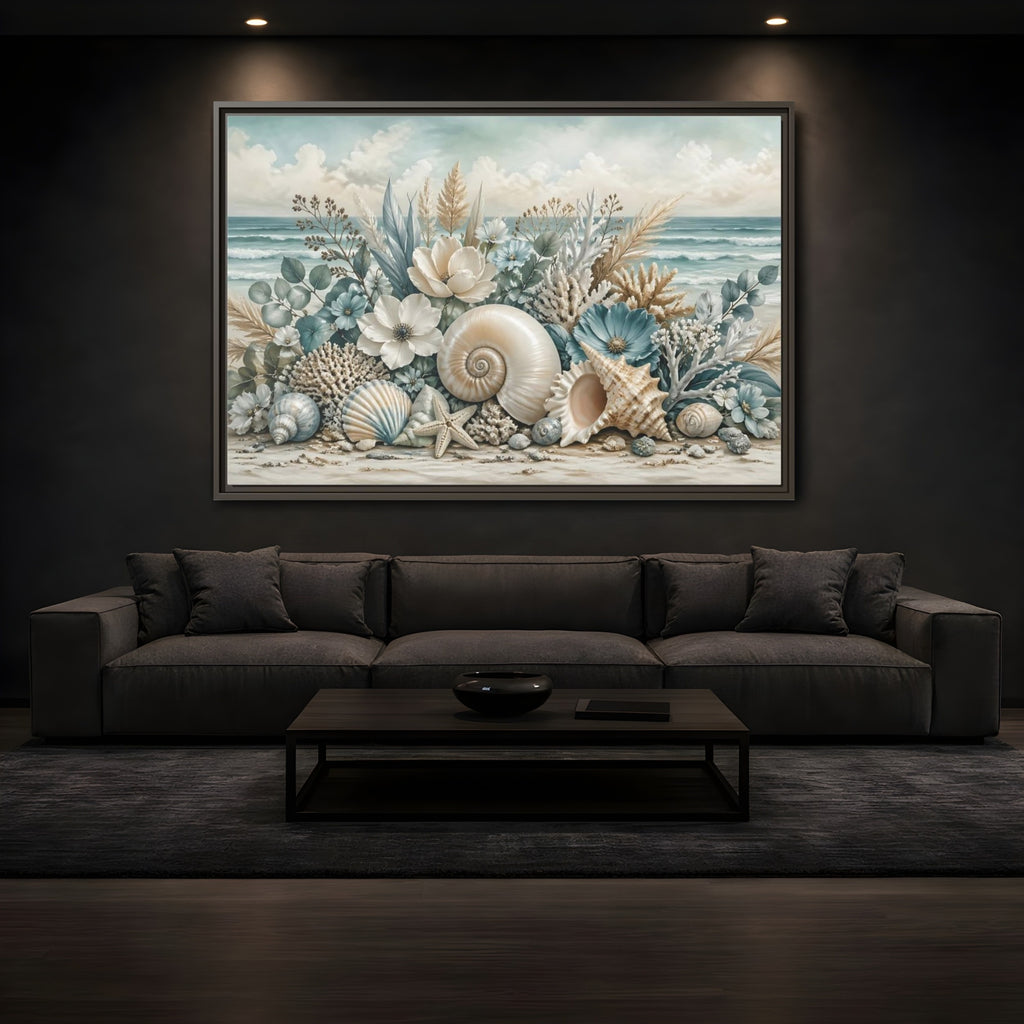 Mockup 3. Nature Seashells Floral Coastal Seashells shown as stretched canvas wall art