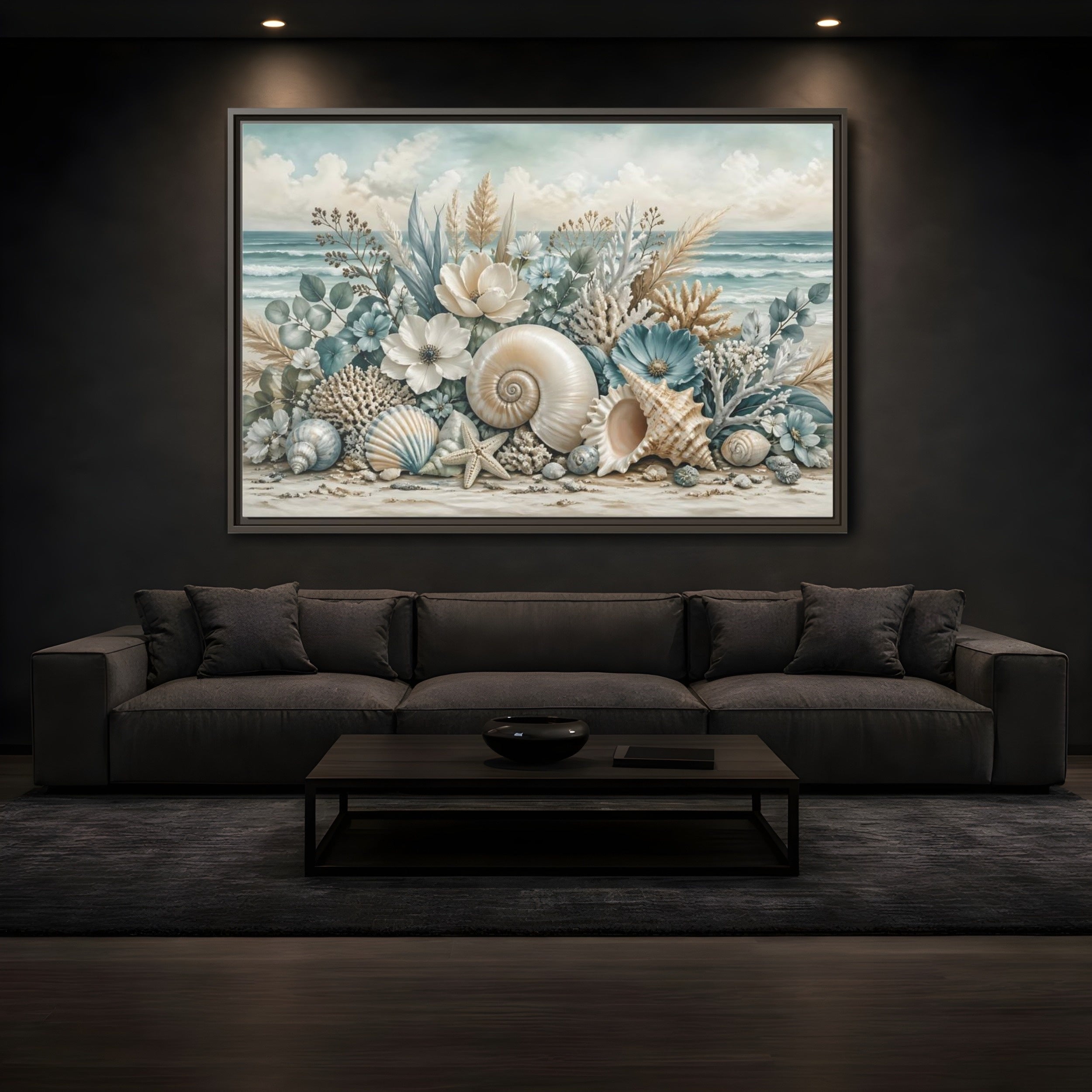 Mockup 3. Nature Seashells Floral Coastal Seashells shown as stretched canvas wall art