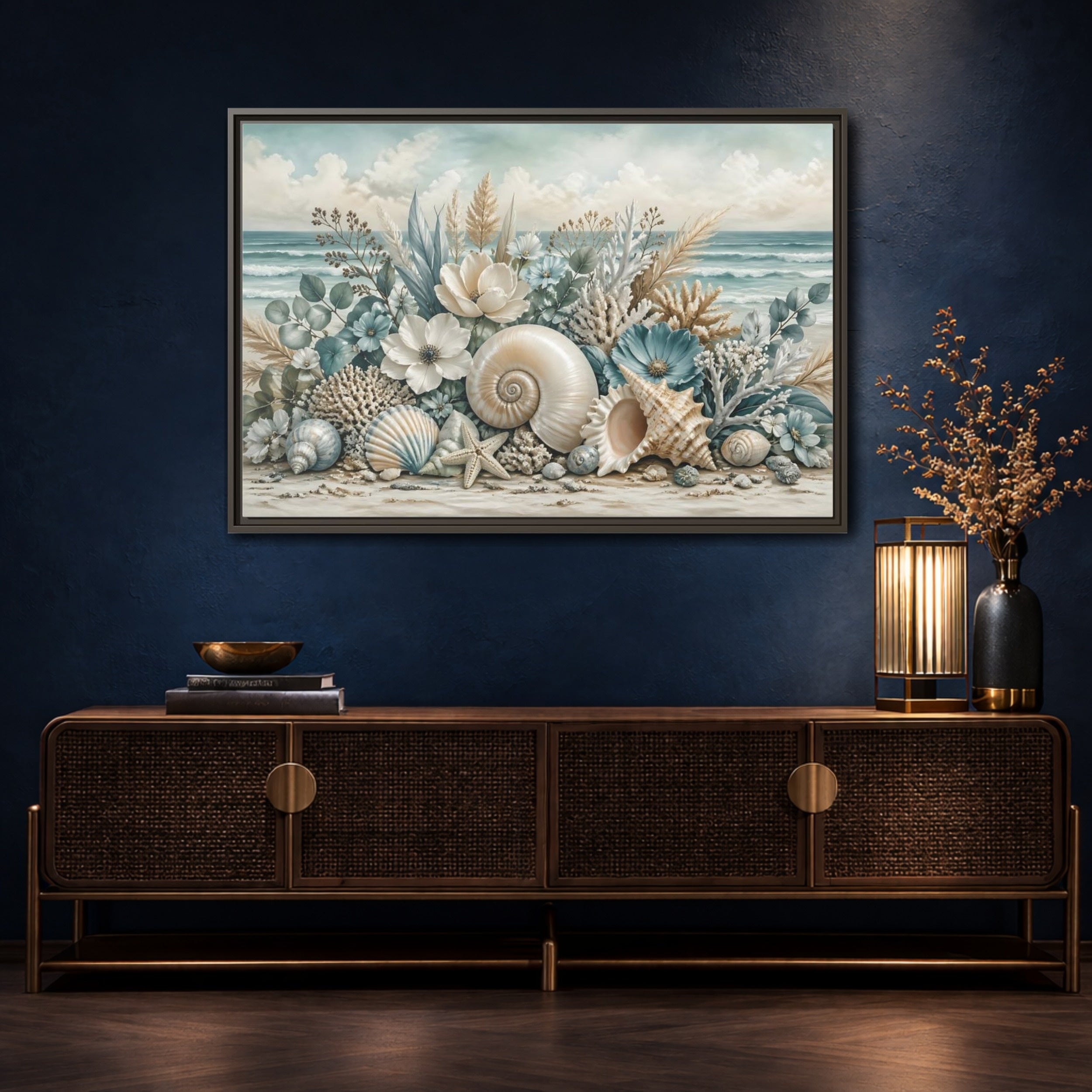 Mockup 4. Nature Seashells Floral Coastal Seashells shown as stretched canvas wall art