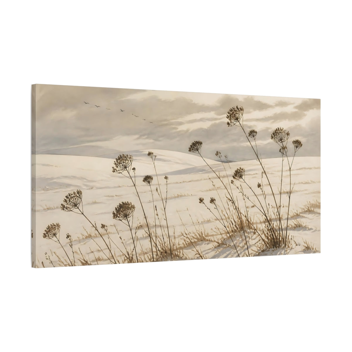 Main Mockup. Nature Seed Heads In Snow shown as canvas print