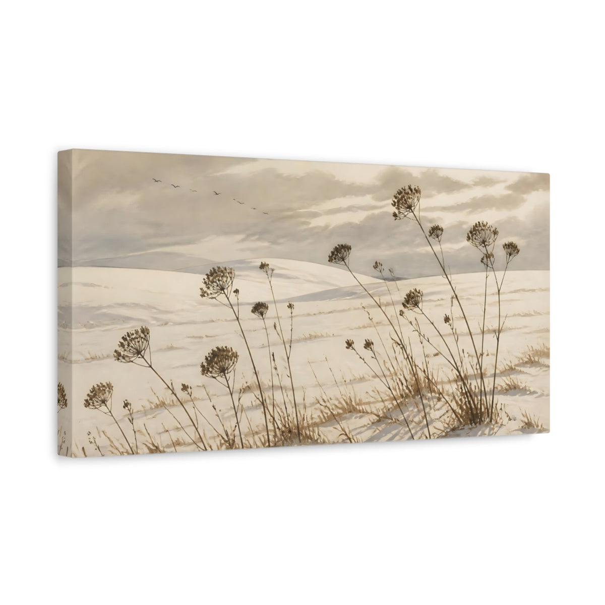 Side Mockup 3. Nature Seed Heads In Snow shown as canvas print