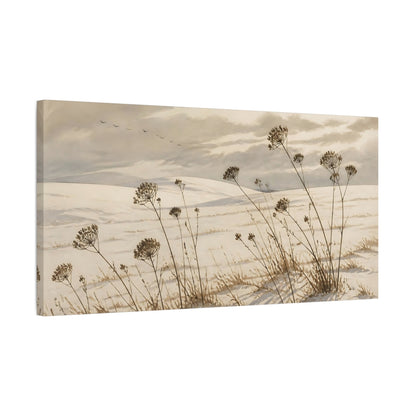 Side Mockup 1. Nature Seed Heads In Snow shown as canvas print