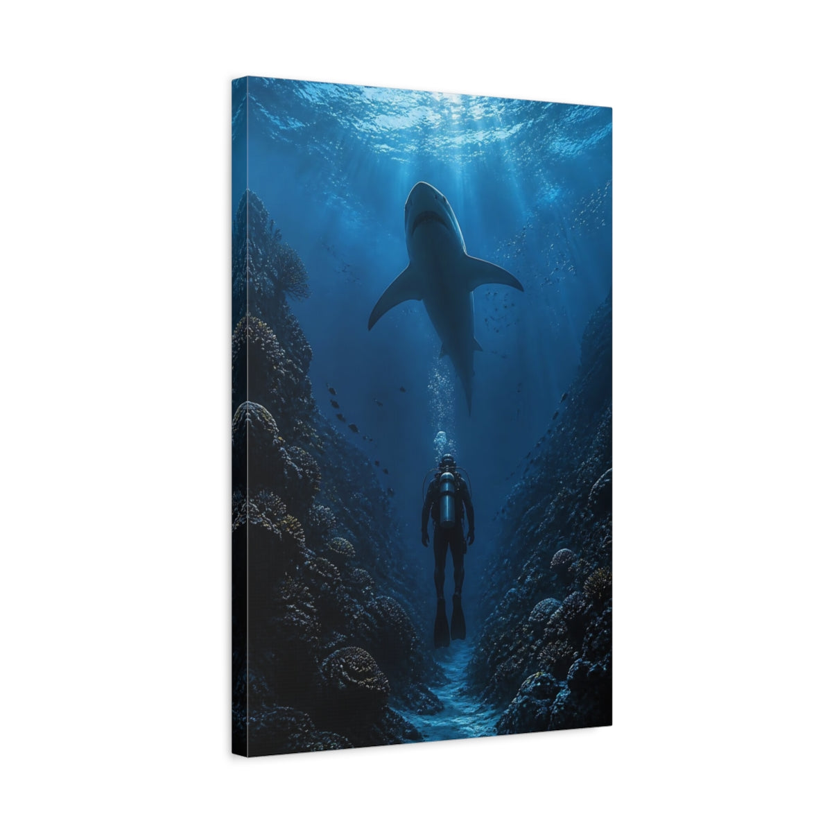 Side Mockup 3. Nature Shark, Diver Shark Diver Blue shown as stretched canvas wall art