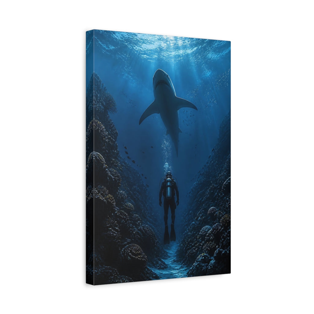 Side Mockup 4. Nature Shark, Diver Shark Diver Blue shown as stretched canvas wall art
