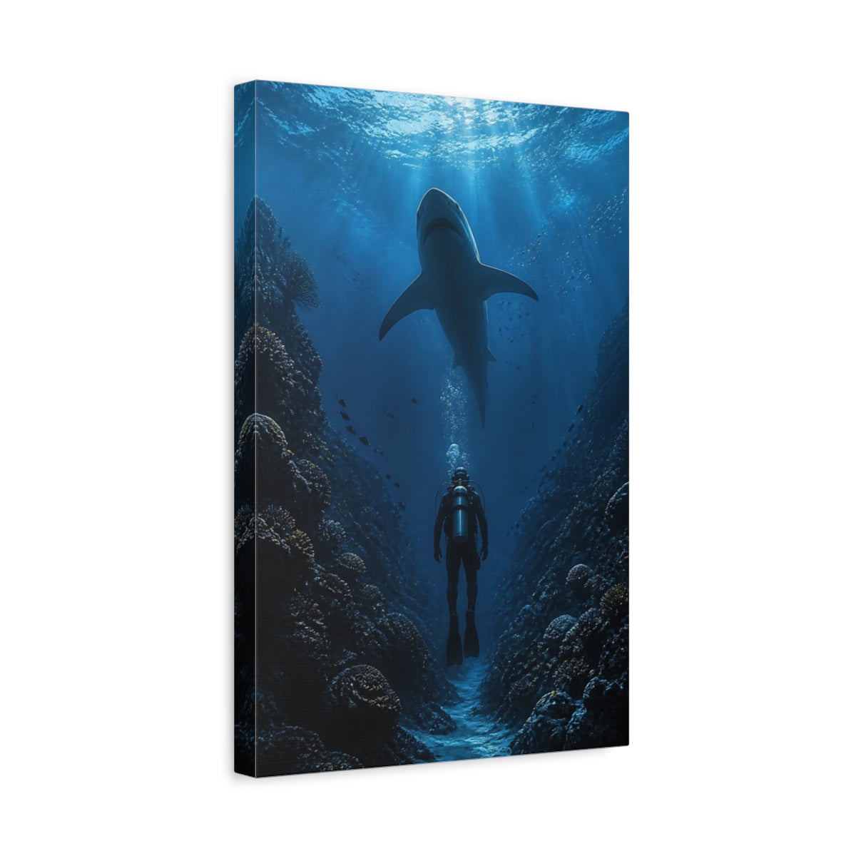 Side Mockup 4. Nature Shark, Diver Shark Diver Blue shown as stretched canvas wall art