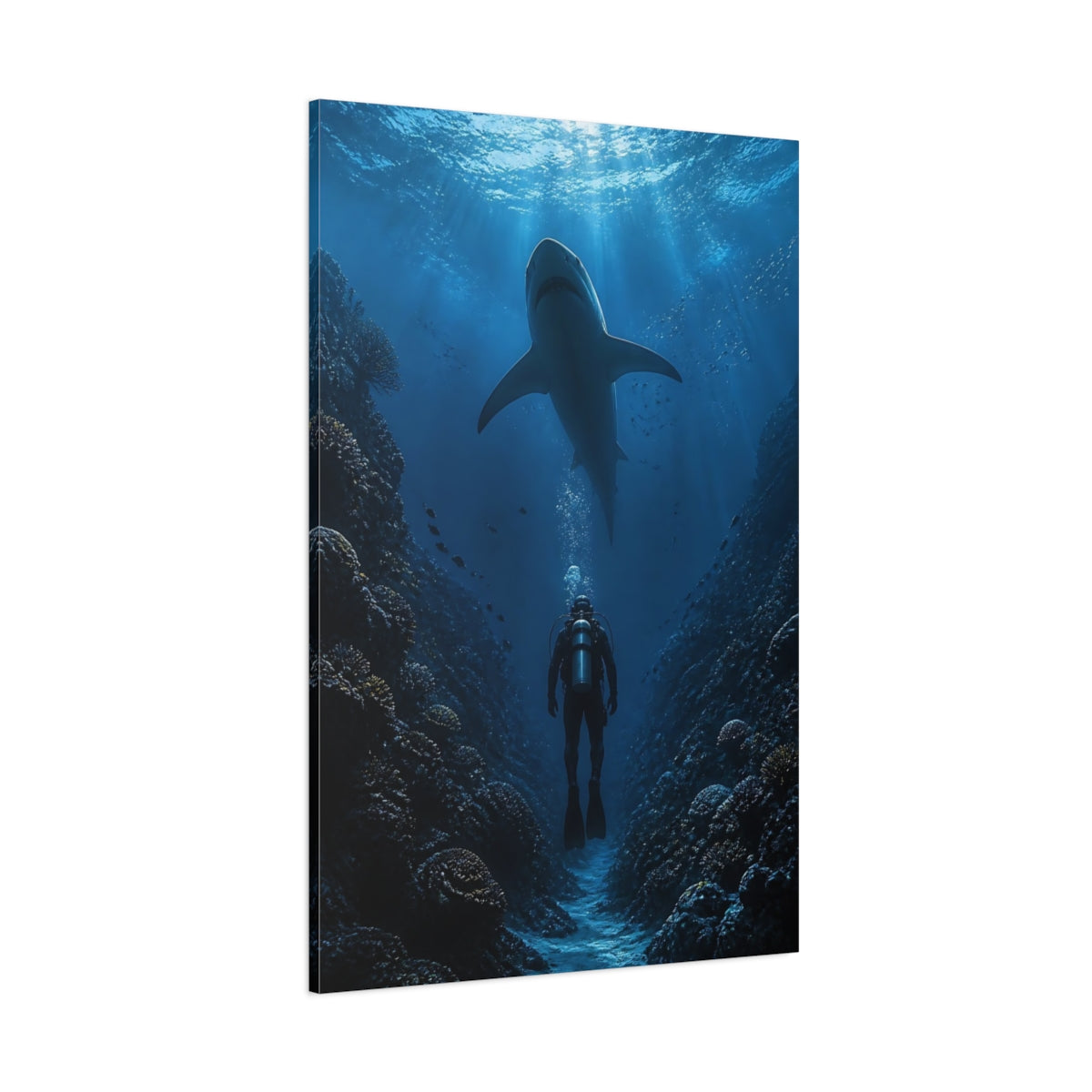 Side Mockup 1. Nature Shark, Diver Shark Diver Blue shown as stretched canvas wall art