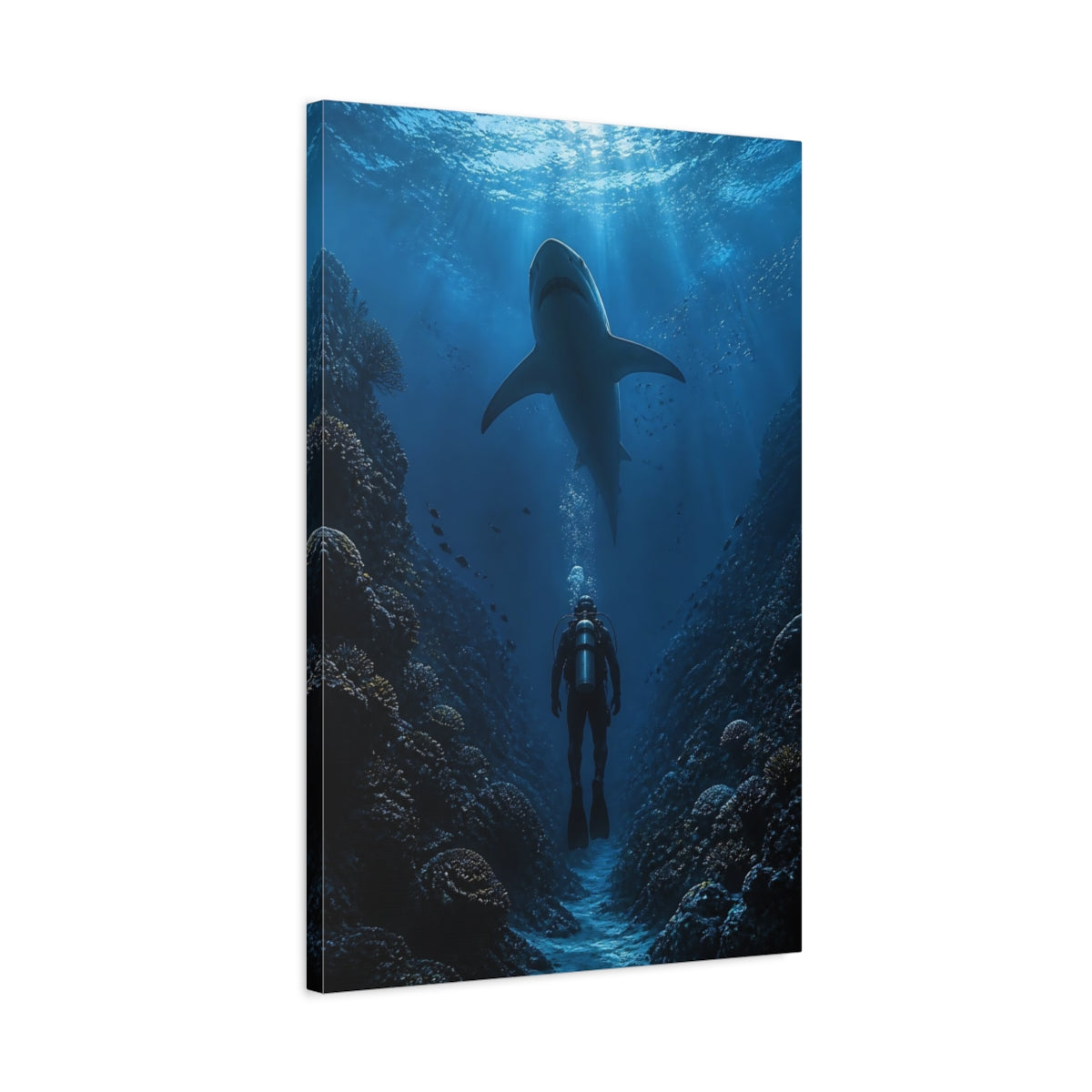 Side Mockup 2. Nature Shark, Diver Shark Diver Blue shown as stretched canvas wall art