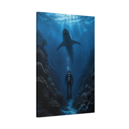 Main Mockup. Nature Shark Diver Shark Diver Blue shown as stretched canvas wall art