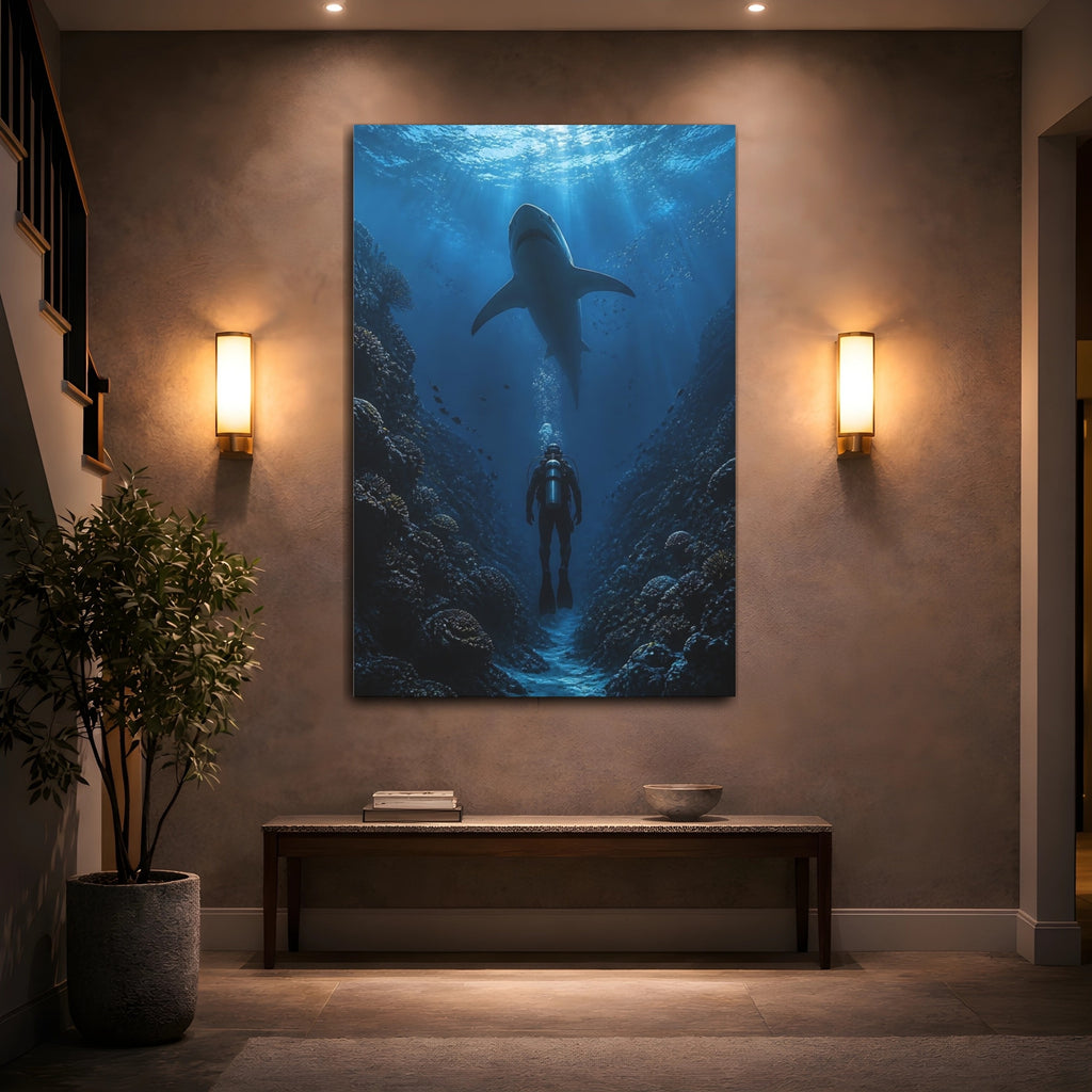 Mockup 2. Nature Shark, Diver Shark Diver Blue shown as stretched canvas wall art