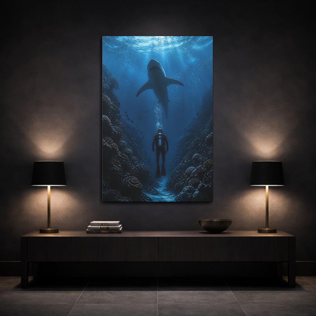 Mockup 3. Nature Shark, Diver Shark Diver Blue shown as stretched canvas wall art