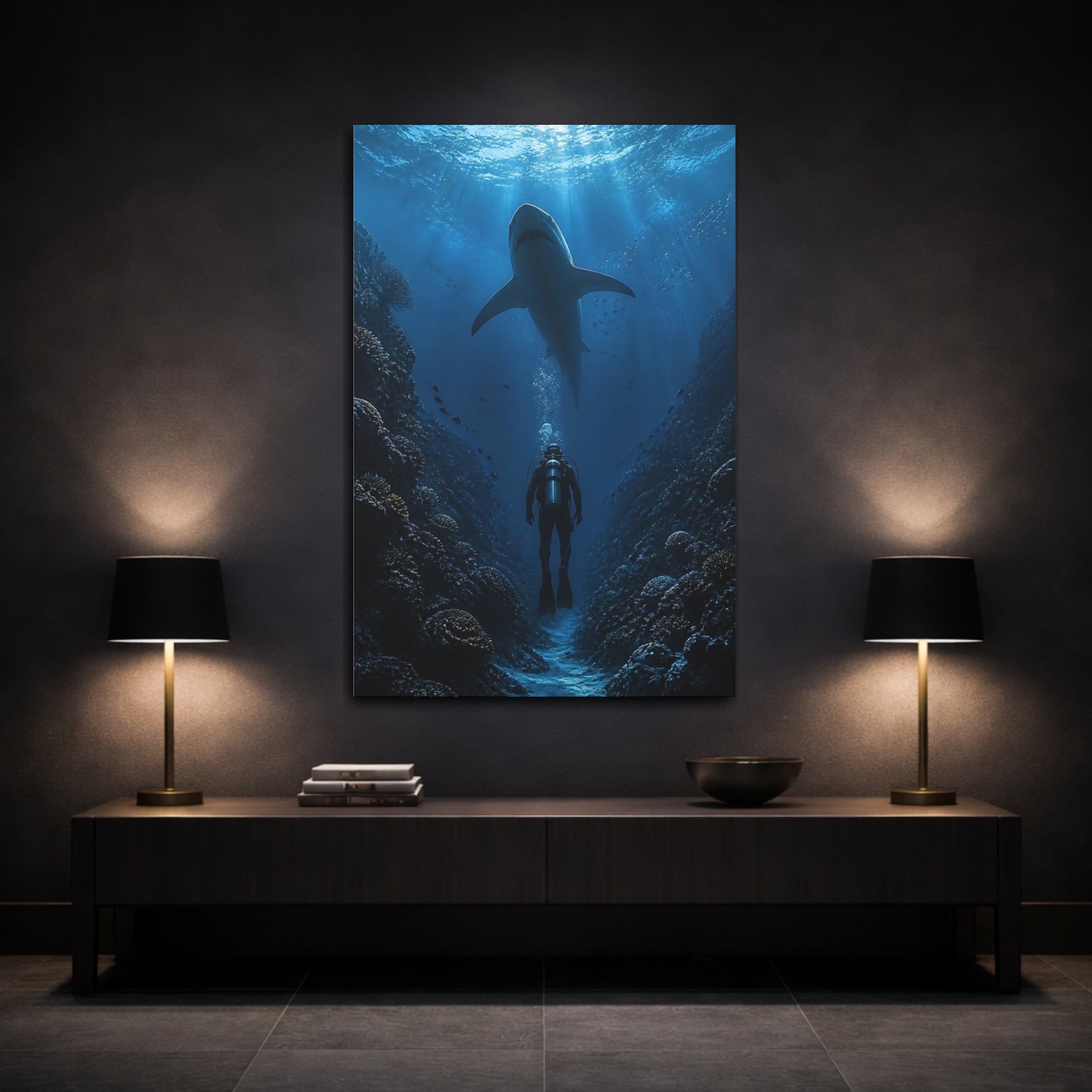 Mockup 3. Nature Shark, Diver Shark Diver Blue shown as stretched canvas wall art