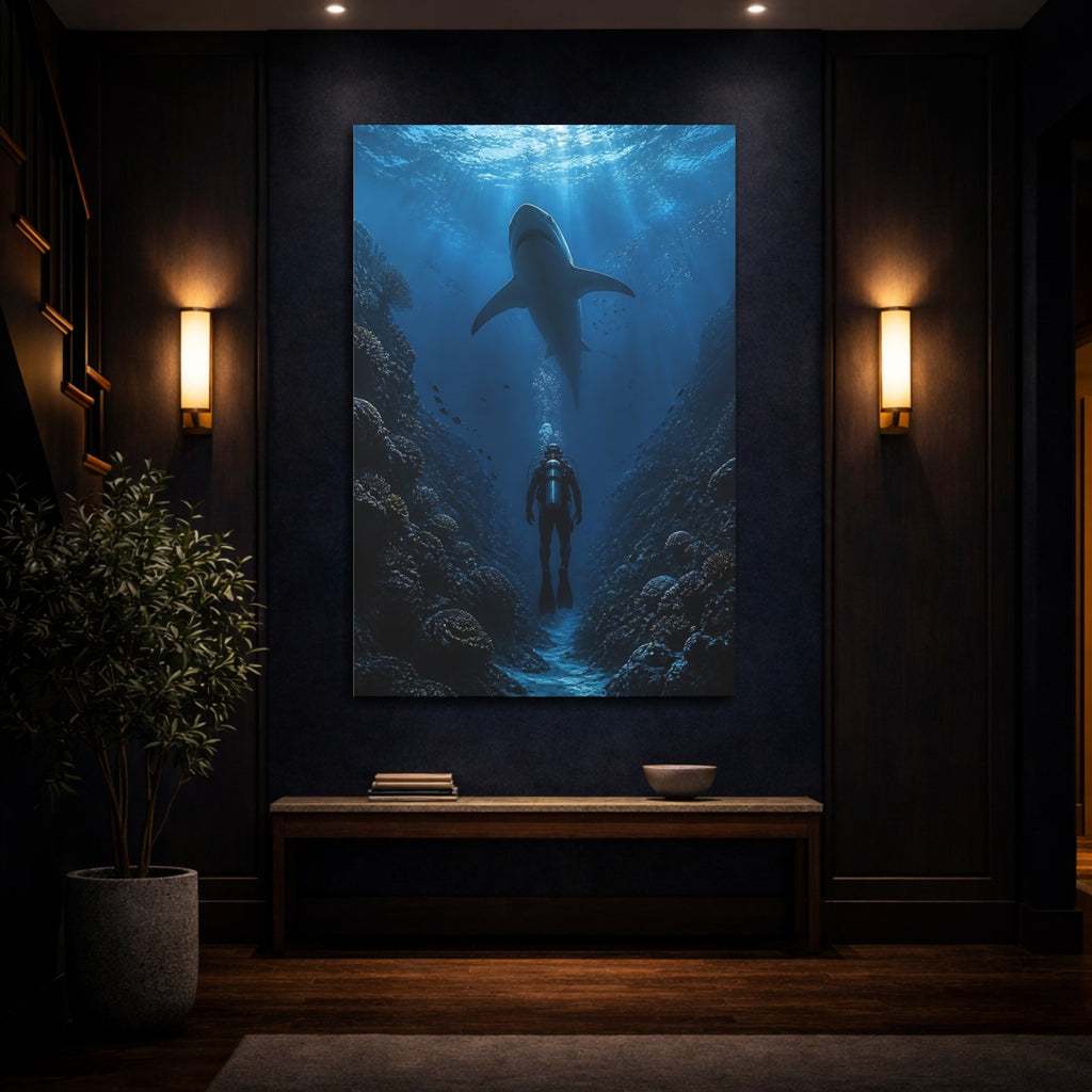 Mockup 4. Nature Shark, Diver Shark Diver Blue shown as stretched canvas wall art