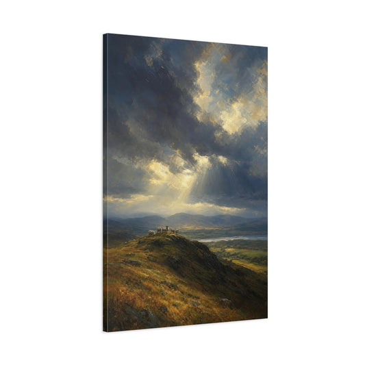 Main Mockup. Nature Sheep Blue And Gold Landscape shown as stretched canvas wall art