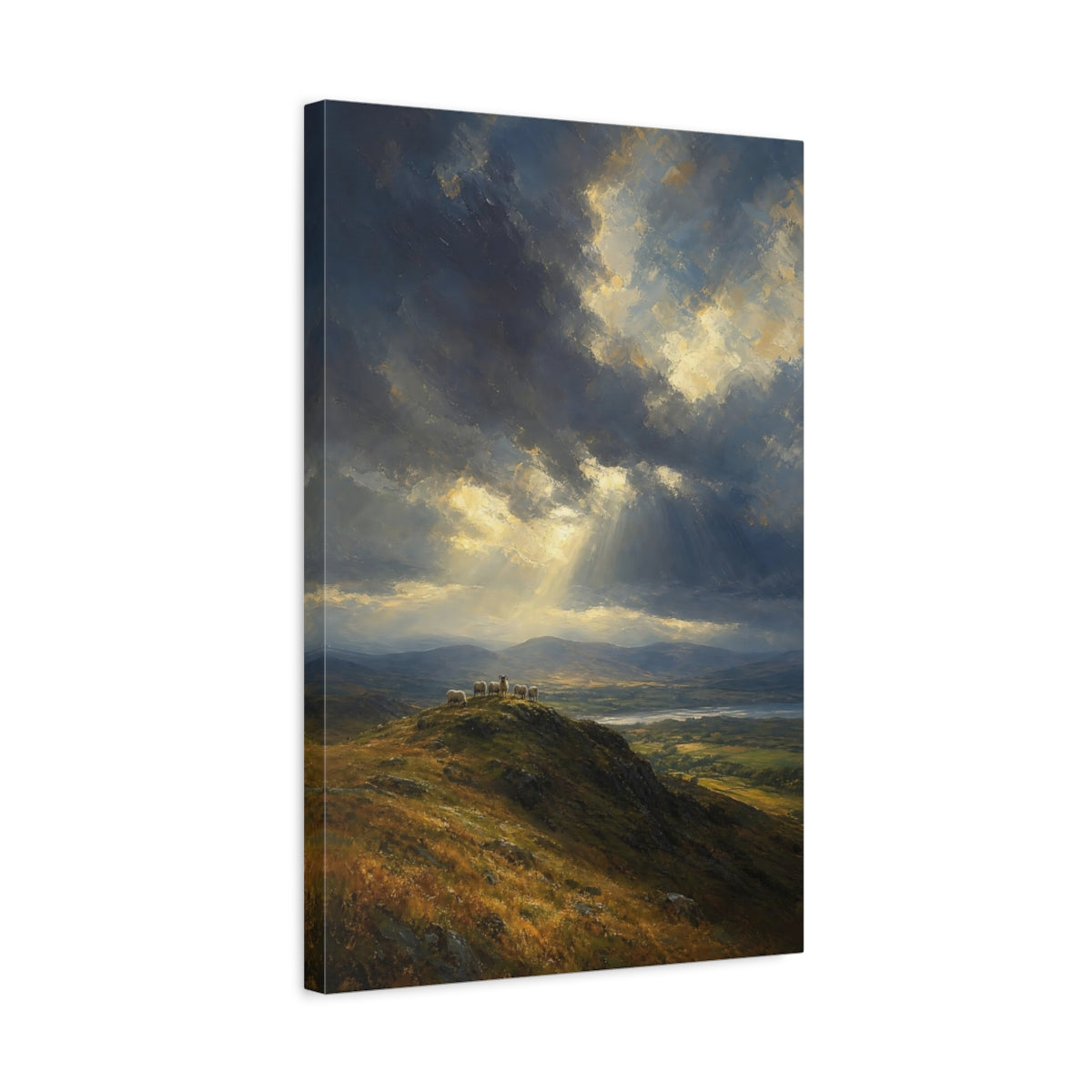Side Mockup 3. Nature Sheep Blue And Gold Landscape shown as stretched canvas wall art