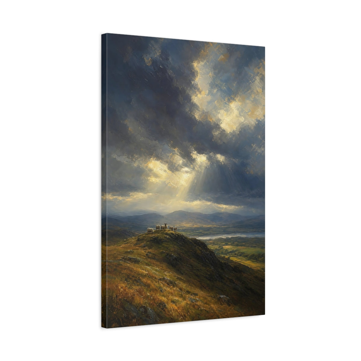Side Mockup 2. Nature Sheep Blue And Gold Landscape shown as stretched canvas wall art