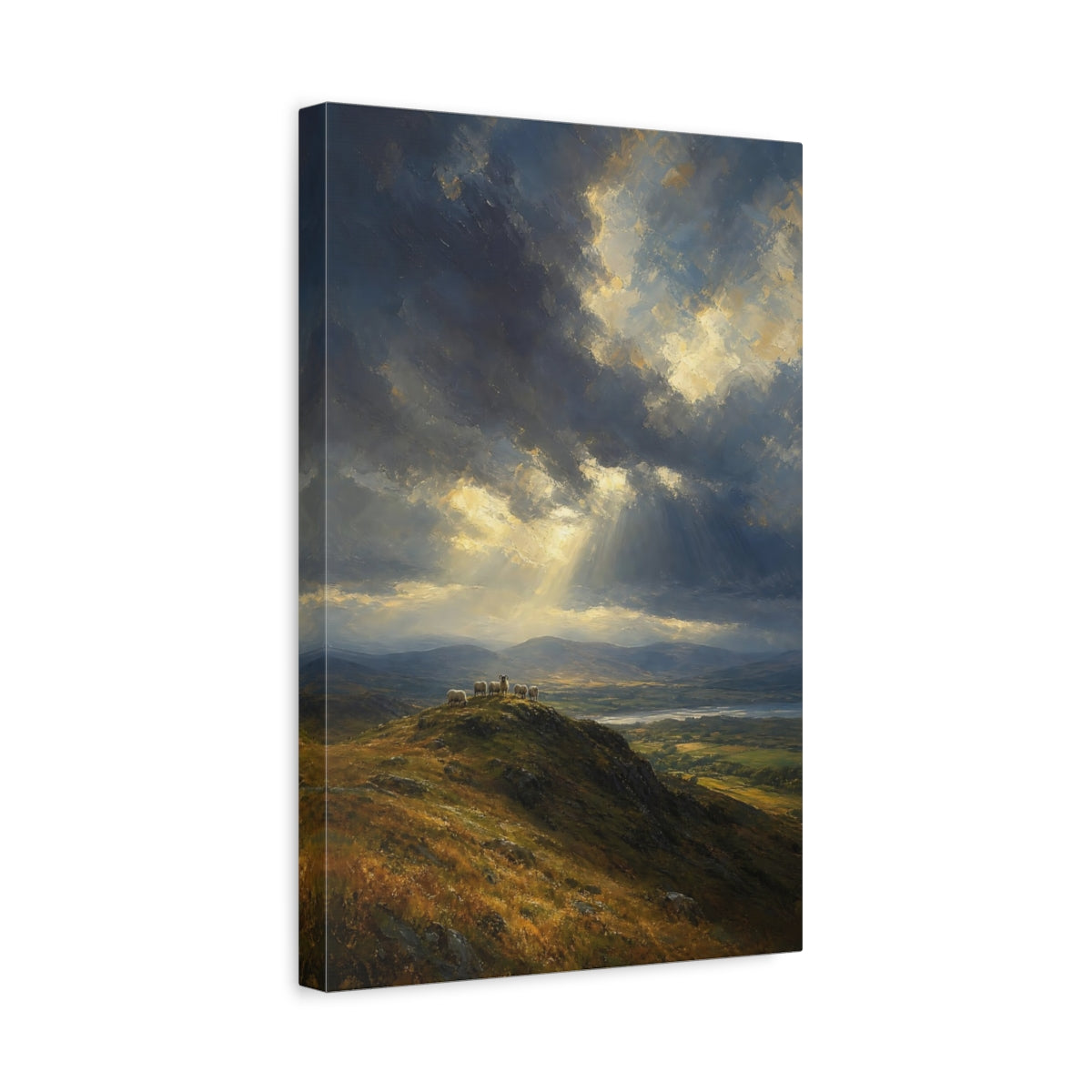 Side Mockup 4. Nature Sheep Blue And Gold Landscape shown as stretched canvas wall art