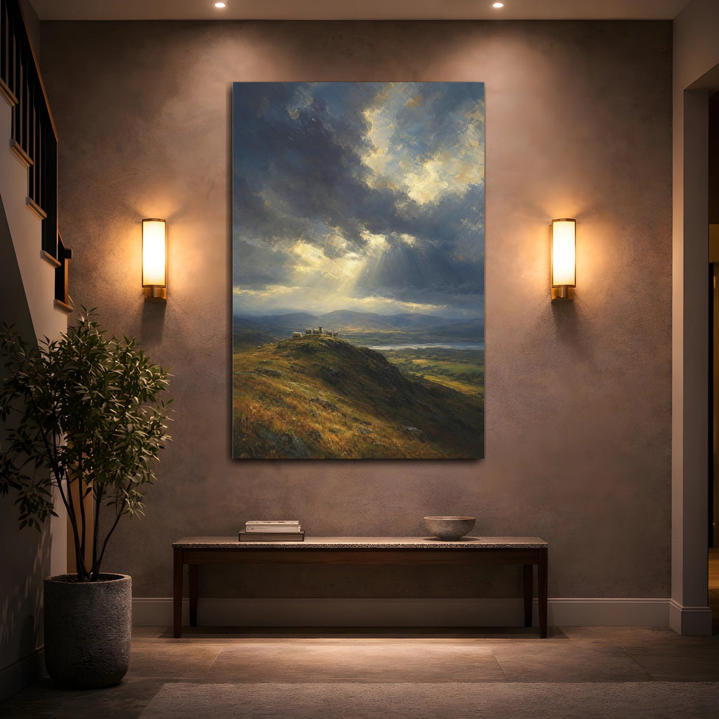 Mockup 2. Nature Sheep Blue And Gold Landscape shown as stretched canvas wall art