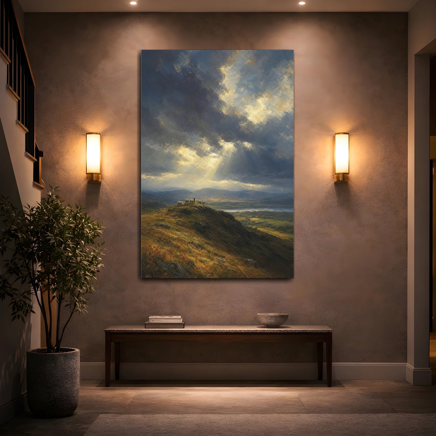 Mockup 2. Nature Sheep Blue And Gold Landscape shown as stretched canvas wall art
