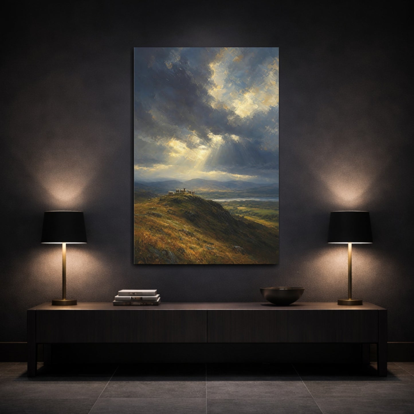 Mockup 3. Nature Sheep Blue And Gold Landscape shown as stretched canvas wall art
