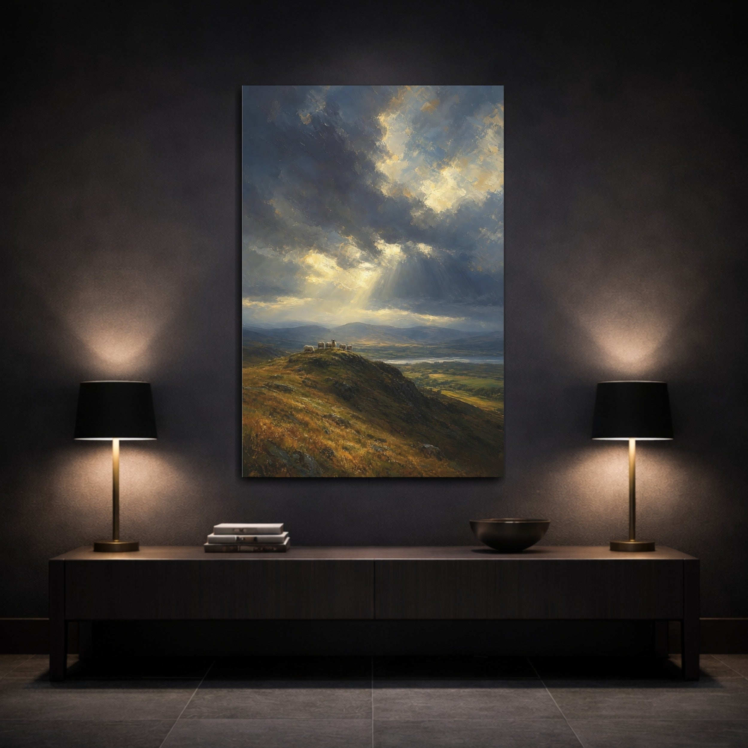 Mockup 3. Nature Sheep Blue And Gold Landscape shown as stretched canvas wall art