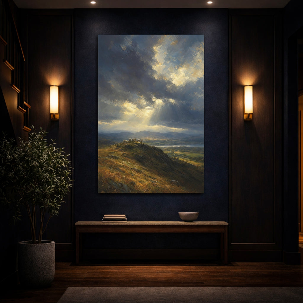 Mockup 4. Nature Sheep Blue And Gold Landscape shown as stretched canvas wall art