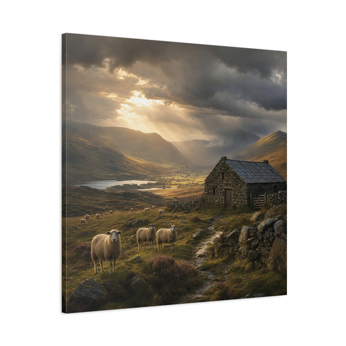 Main Mockup. Nature Sheep Earthy Tones Landscape shown as stretched canvas wall art