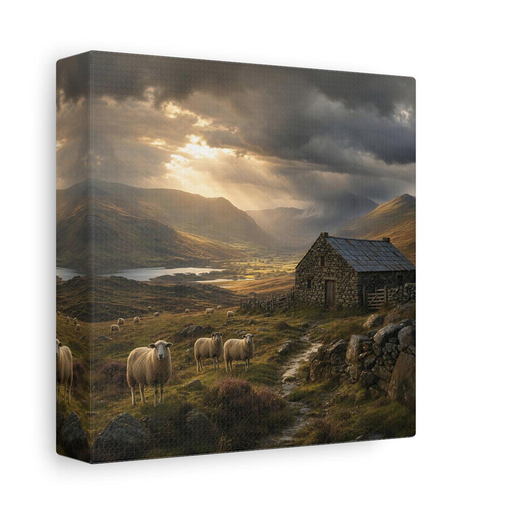 Side Mockup 2. Nature Sheep Earthy Tones Landscape shown as stretched canvas wall art