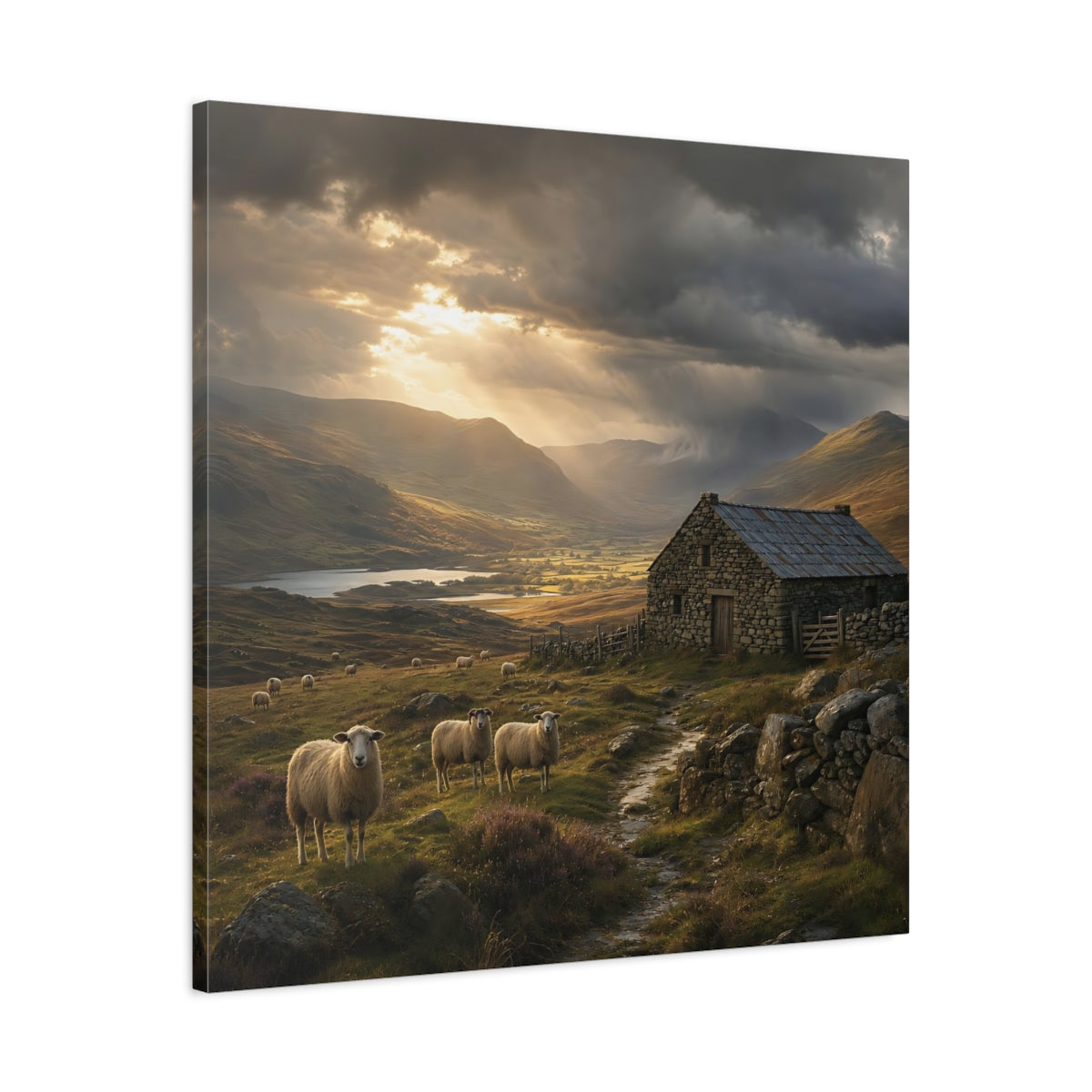 Side Mockup 3. Nature Sheep Earthy Tones Landscape shown as stretched canvas wall art