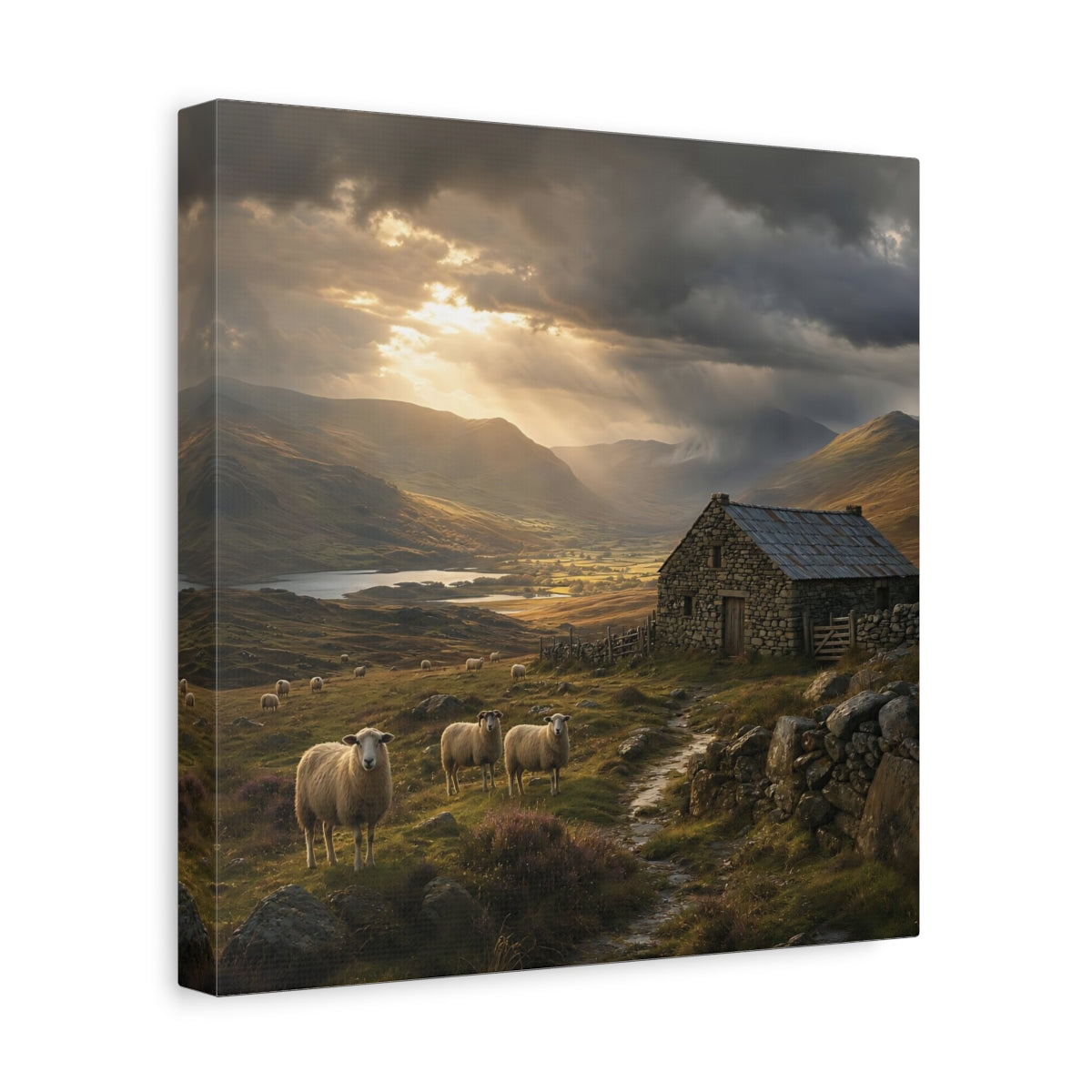 Side Mockup 8. Nature Sheep Earthy Tones Landscape shown as stretched canvas wall art