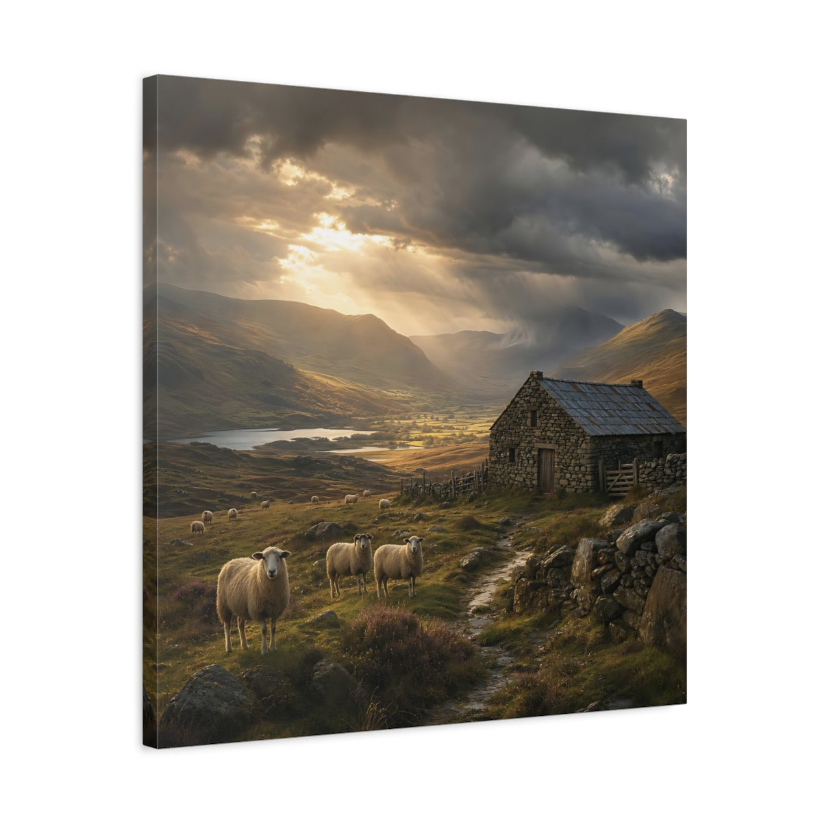 Side Mockup 4. Nature Sheep Earthy Tones Landscape shown as stretched canvas wall art
