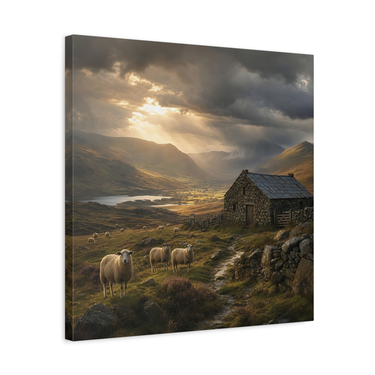 Side Mockup 5. Nature Sheep Earthy Tones Landscape shown as stretched canvas wall art