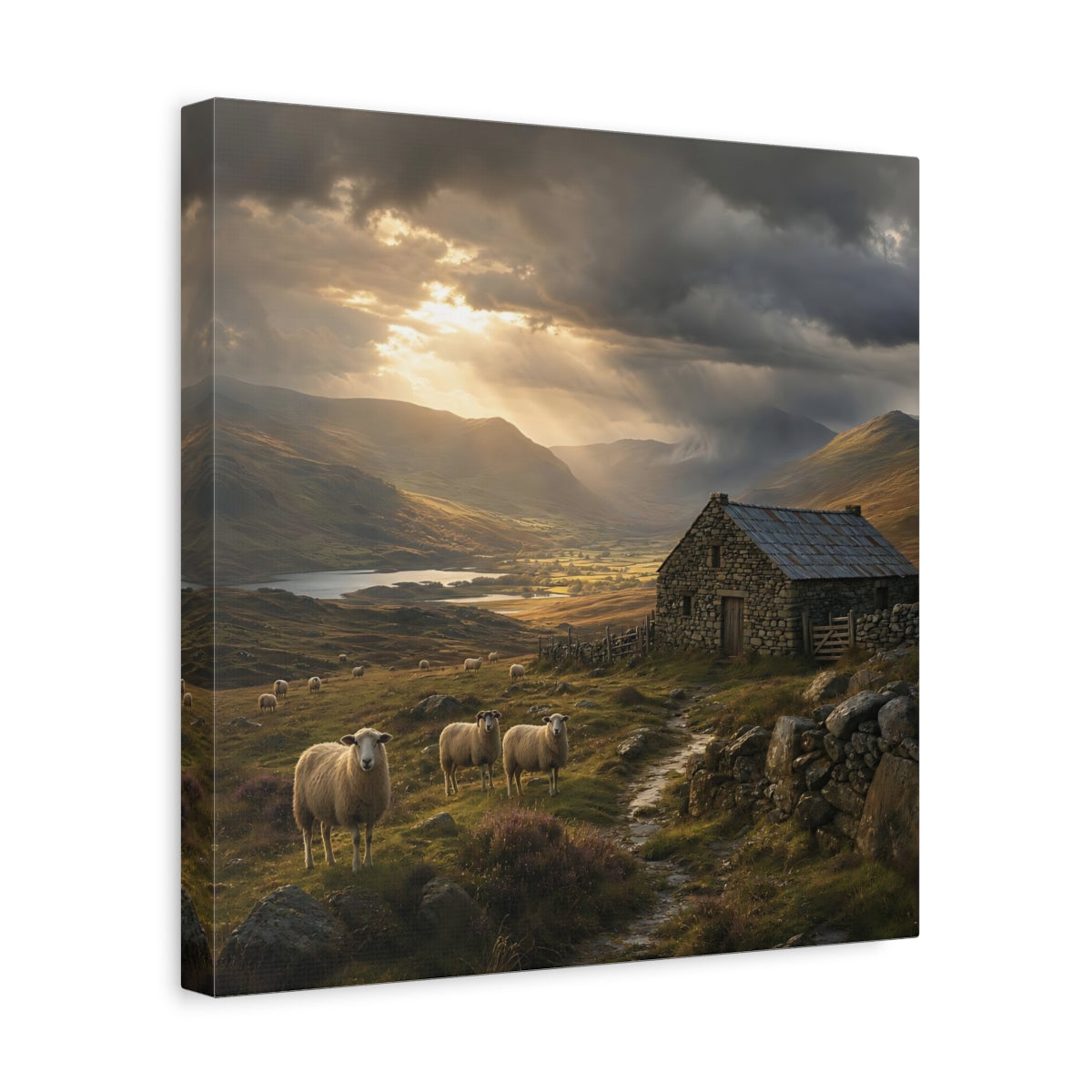 Side Mockup 7. Nature Sheep Earthy Tones Landscape shown as stretched canvas wall art