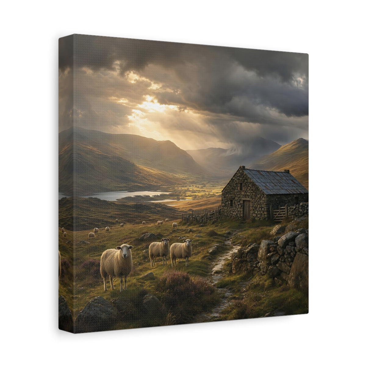 Side Mockup 9. Nature Sheep Earthy Tones Landscape shown as stretched canvas wall art